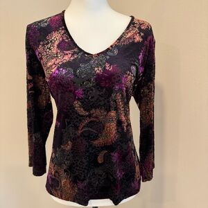 Chico's Burnout Velvet V-Neck Long Sleeve Top Dark Fairy Whimsigoth Paisley L